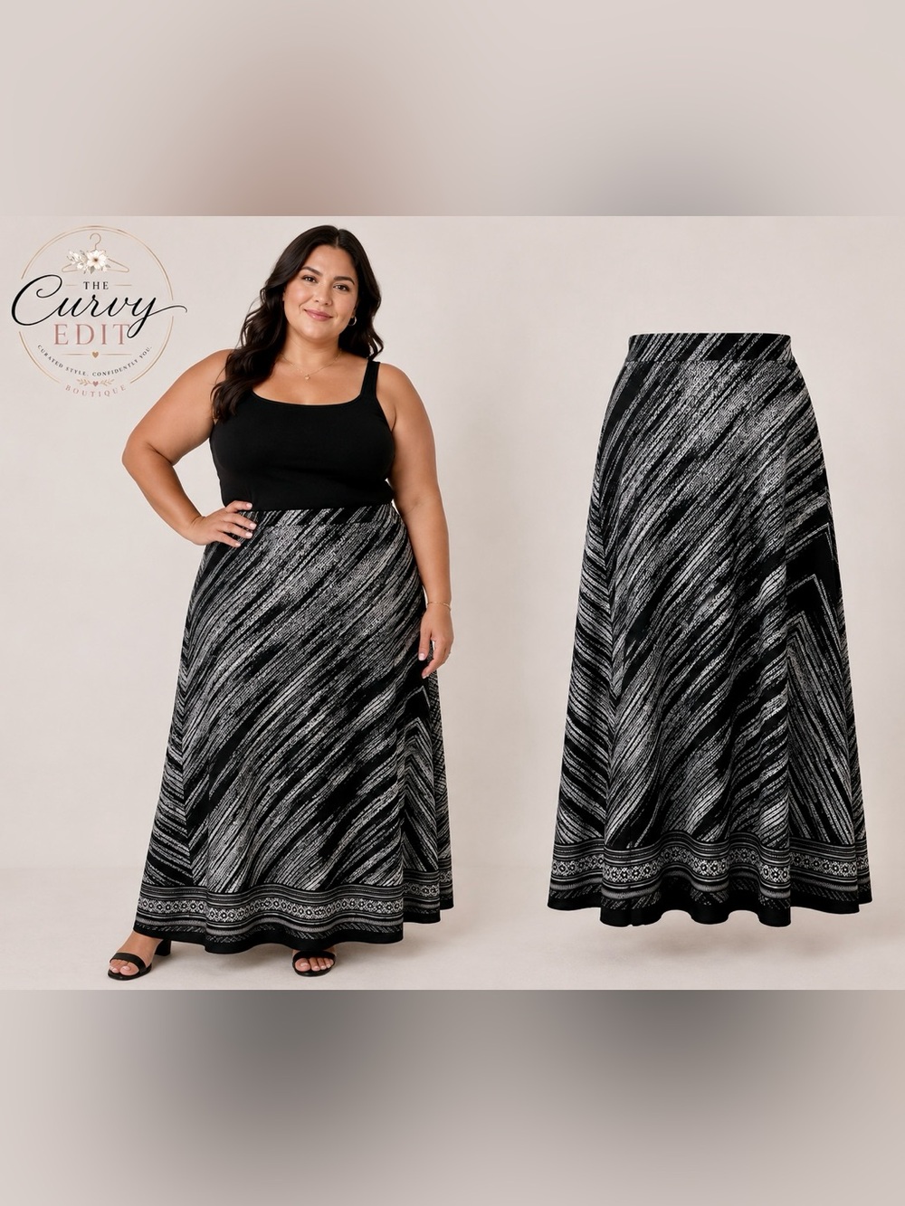 New Directions Black and White Abstract Print Maxi Skirt 2X Flowy Casual Chic